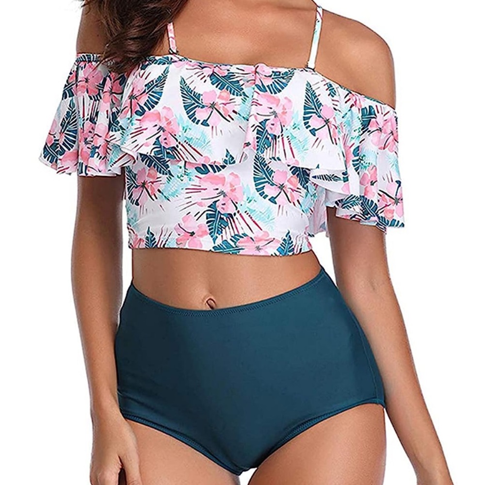 High waisted off shoulder floral pattern ruffle bikini